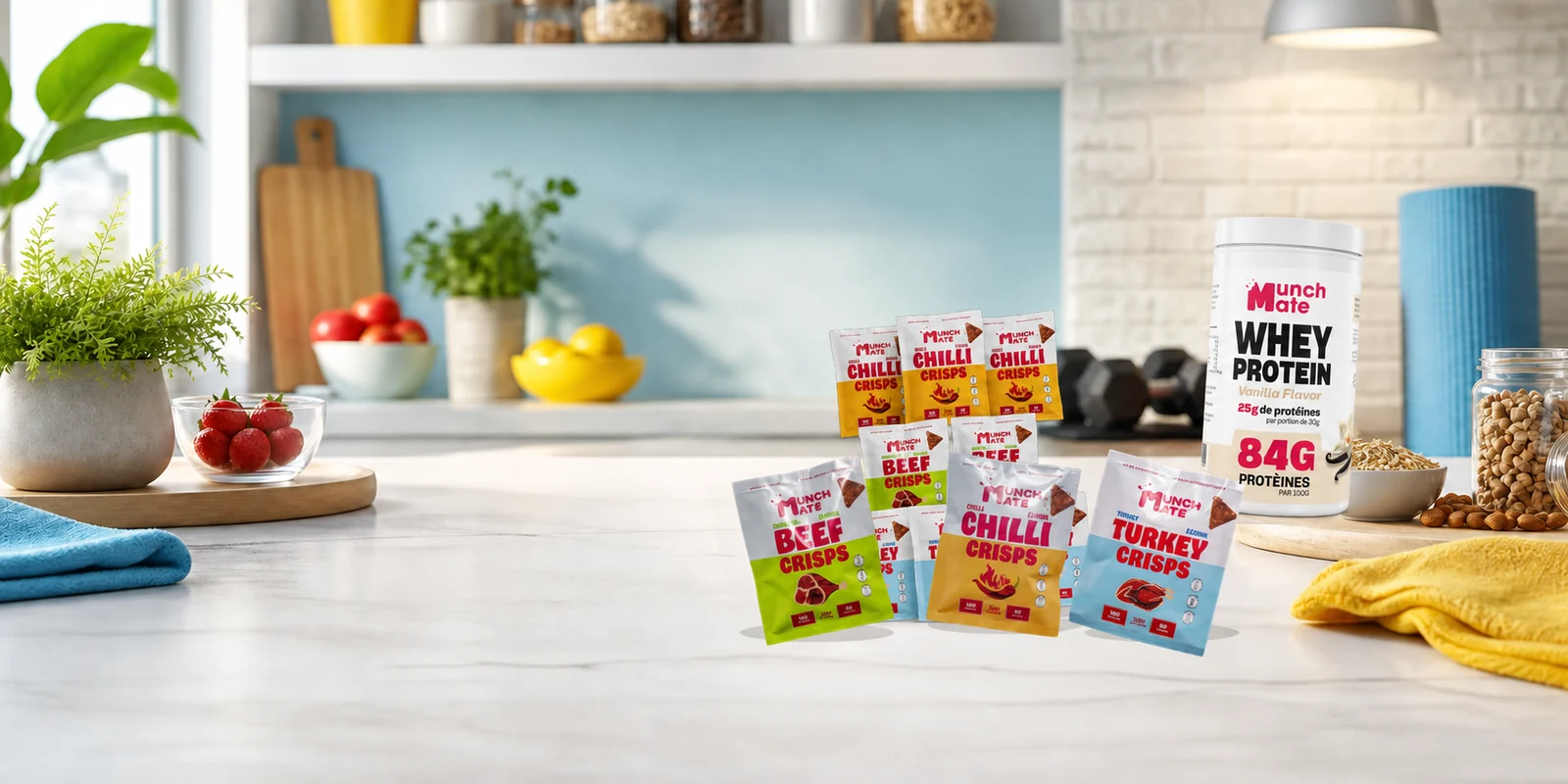 Gamme MUNCHMATE : whey vanille avec 25 g de protéines par portion et crisps protéinés