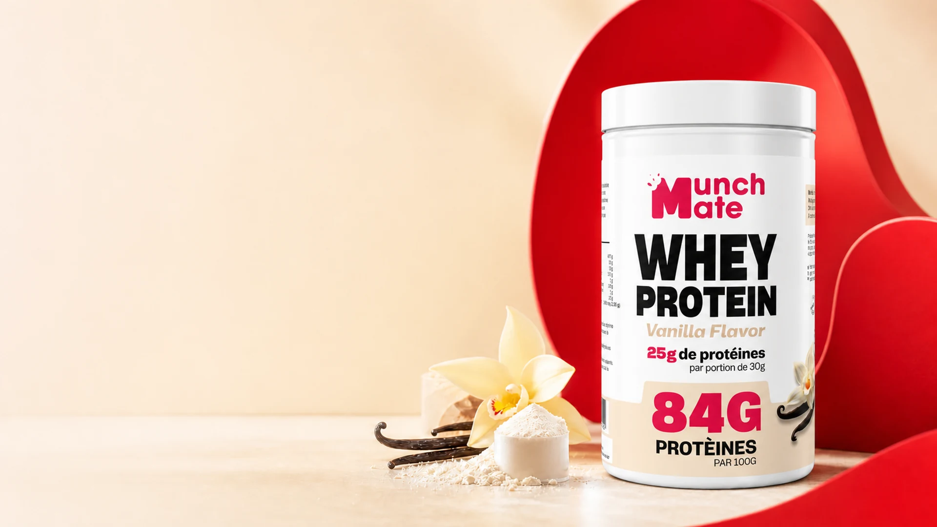 Whey Protein Vanille MUNCHMATE, 25 g de protéines par portion, pot de 500 g